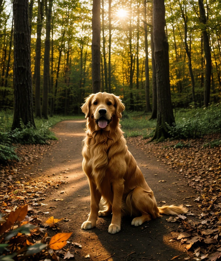 <g0ld3n>, Enchanted forest, spectacular light, upper body, Leaves, sunset