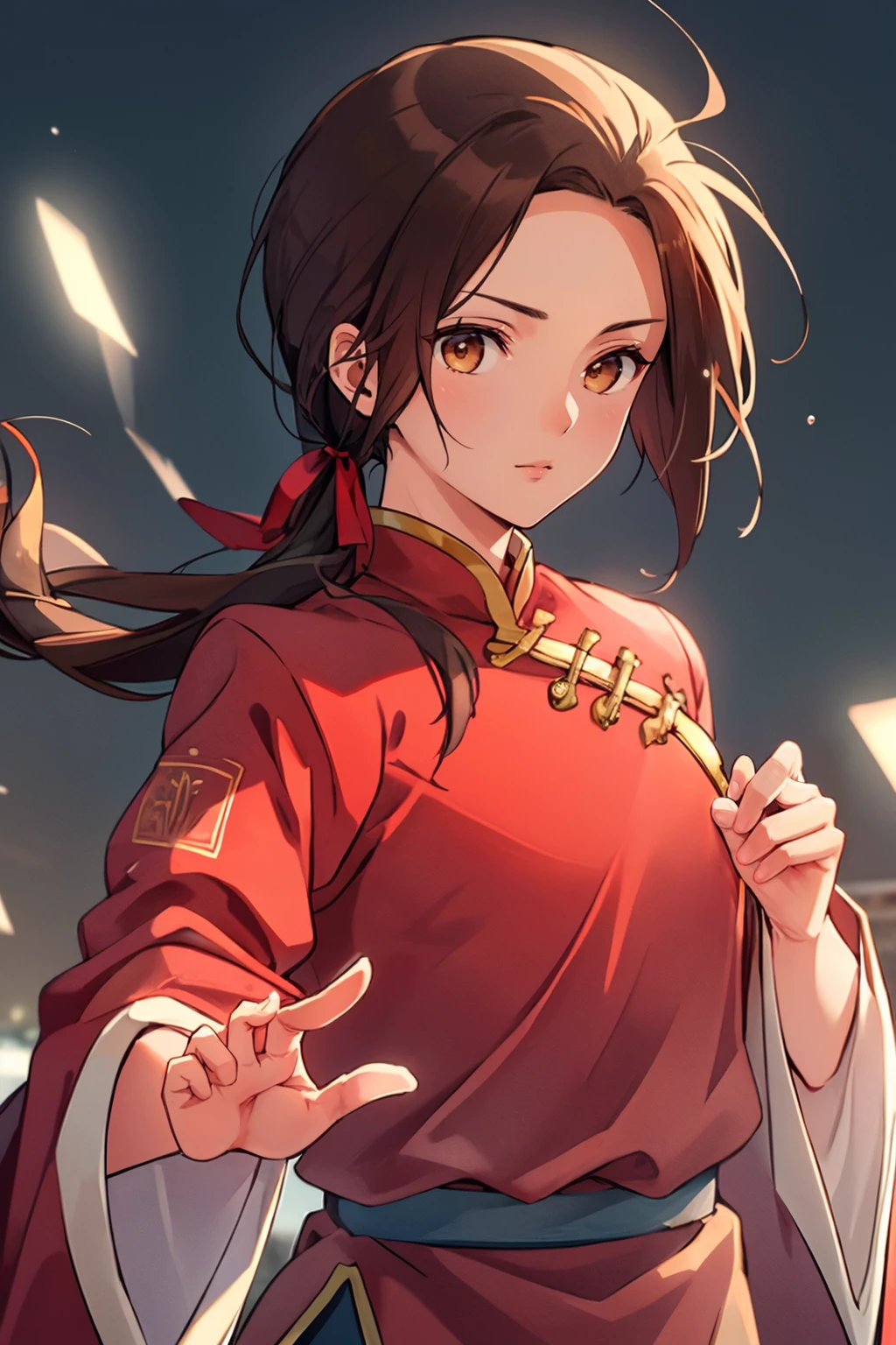 ultra detailed, sharp focus, best quality, masterpiece, <lora:NSChinaHetalia:1> NSChinaHetalia, brown hair, red chinese clothes, hair ribbon, low ponytail, male focus, best quality, dynamic lighting, masterpiece, intricate details