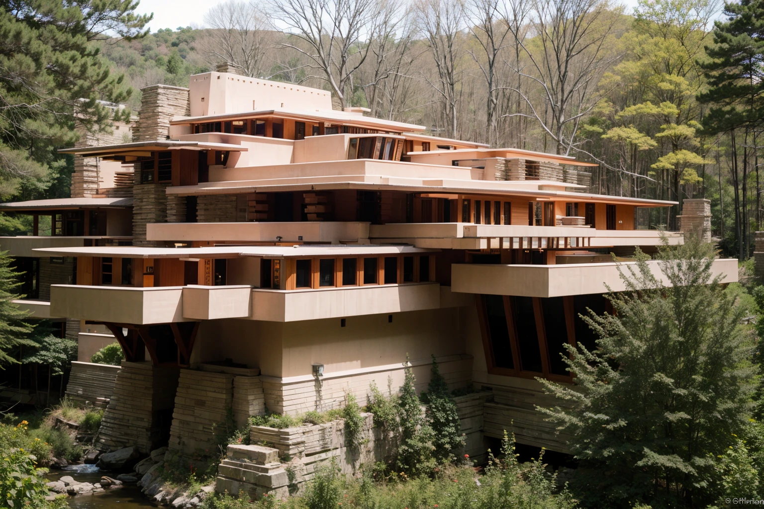 Raw photo of a frank lloyd wright style house perched on a limestone cliff, surrounded by trees and nature <lora:Frank_Lloyd_Wright_Style_Architecture:1>