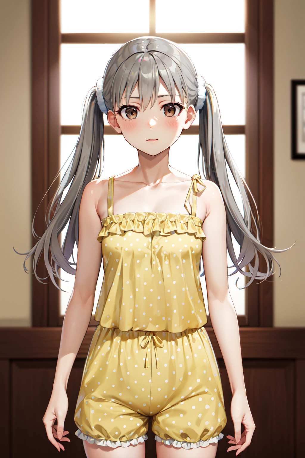 masterpiece, best quality, highres, aasodachi, long hair, twintails, brown eyes, collarbone, bare shoulders, frills, yellow camisole, polka dot, yellow shorts, <lora:oikura_sodachi_v1:0.8>, indoors, room, standing, cowboy shot,