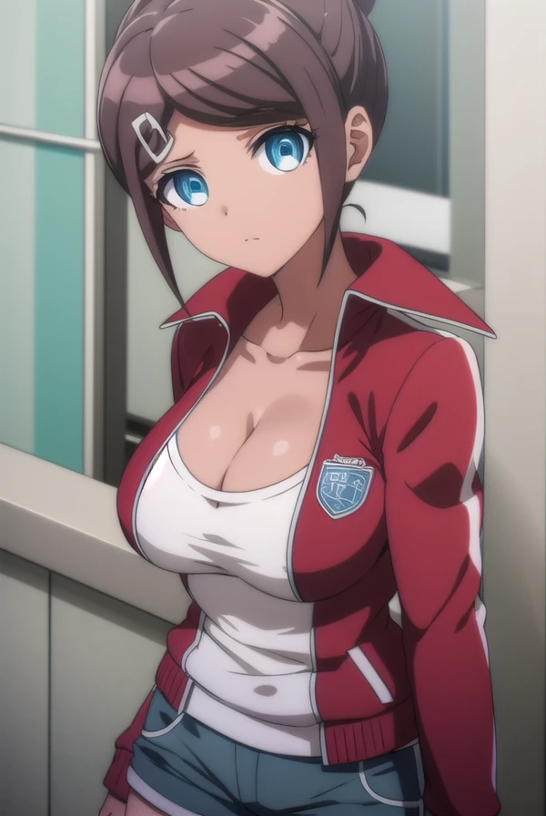 aoiasahina, <lora:aoi asahina s1-lora-nochekaiser:1>,
aoi asahina, short hair, bangs, blue eyes, brown hair, hair ornament, ponytail, hairclip, dark skin, dark-skinned female,
BREAK shirt, long sleeves, cleavage, collarbone, jacket, white shirt, open clothes, shorts, hairclip, open jacket, red jacket,
BREAK outdoors, classroom,
BREAK looking at viewer, (cowboy shot:1.5),
BREAK <lyco:GoodHands-beta2:1>, (masterpiece:1.2), best quality, high resolution, unity 8k wallpaper, (illustration:0.8), (beautiful detailed eyes:1.6), extremely detailed face, perfect lighting, extremely detailed CG, (perfect hands, perfect anatomy),