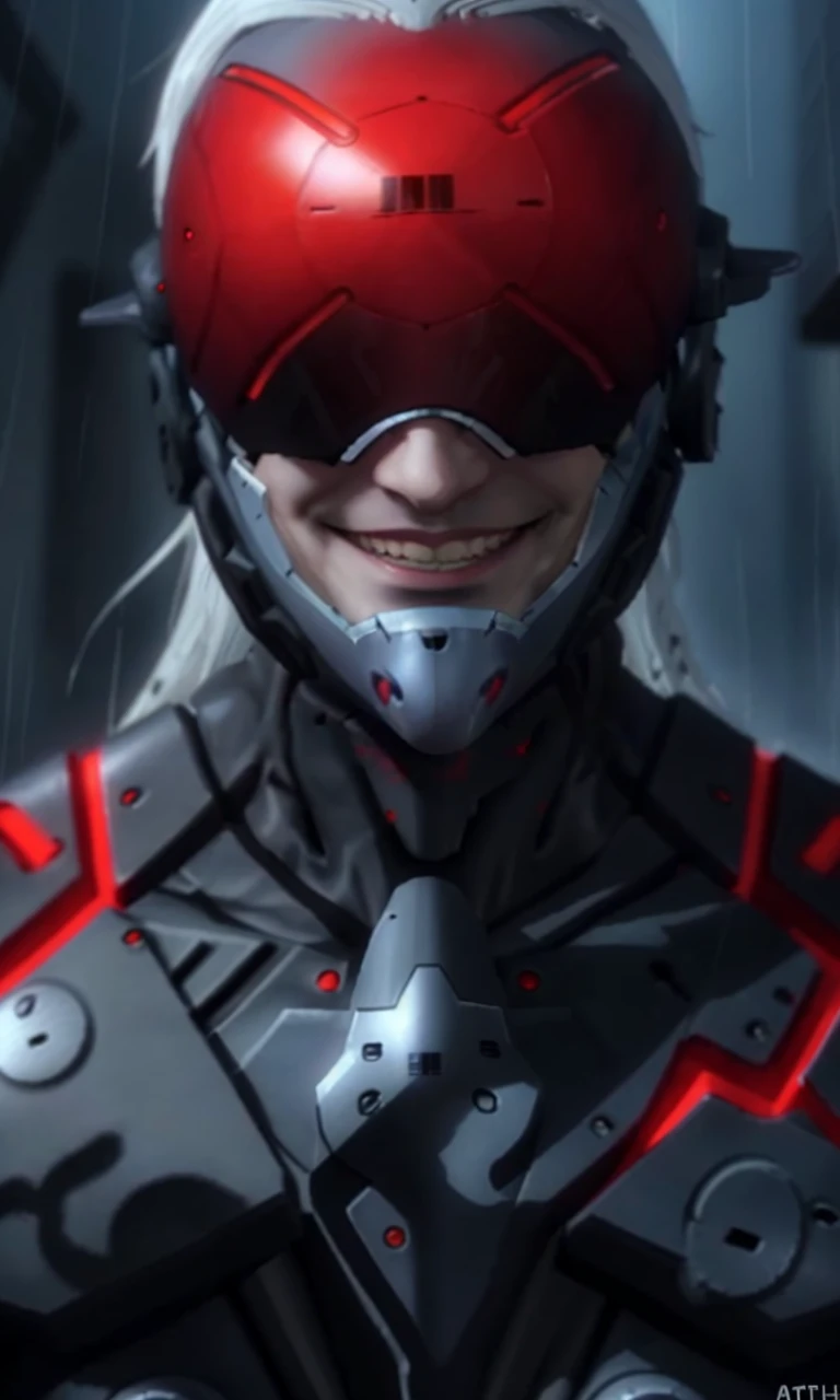msoonmgr2024, evil smile, 1male, white hair, 8k, uhd, best quality, masterpiece, intricate, photorealistic, raw image, cyber ninja, helmet, black and red suit, sai sword, tactical suit, armor, trending on artstation, cybernetic, dramatic lighting, robotic