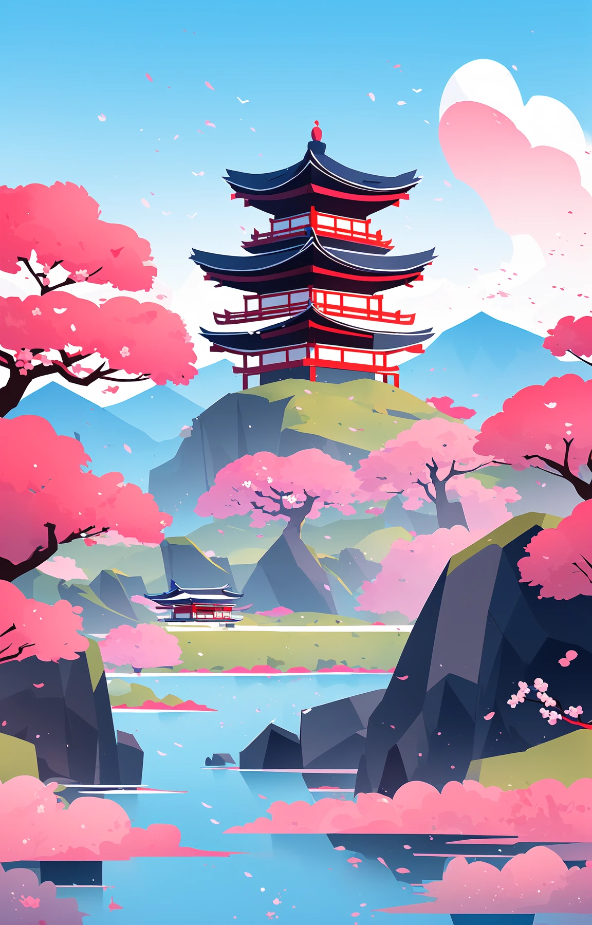 zgcj_ch, no humans, outdoors, mountain, architecture, east asian architecture, day, sky, scenery, cloud, blue sky, bird, tree, petals, cherry blossoms, mountainous horizon, building <lora:MW_zgcjch_v1_1:0.8>