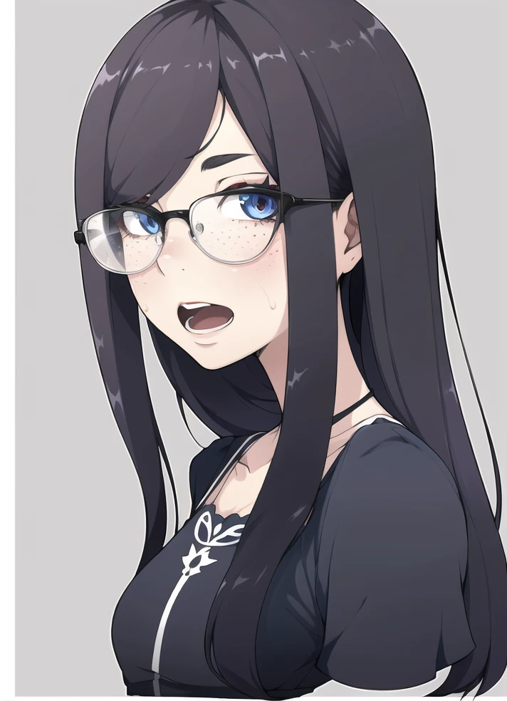 1girl, gradient_eyes, loose sundress, portrait, nose freckles, grey_background, looking_at_viewer, solo, bespectacled, shiny_skin, open_mouth, straight hair, long hair, sfw,
<lora:homebrew_vitaminless_trimmed-000006:0.8>,
