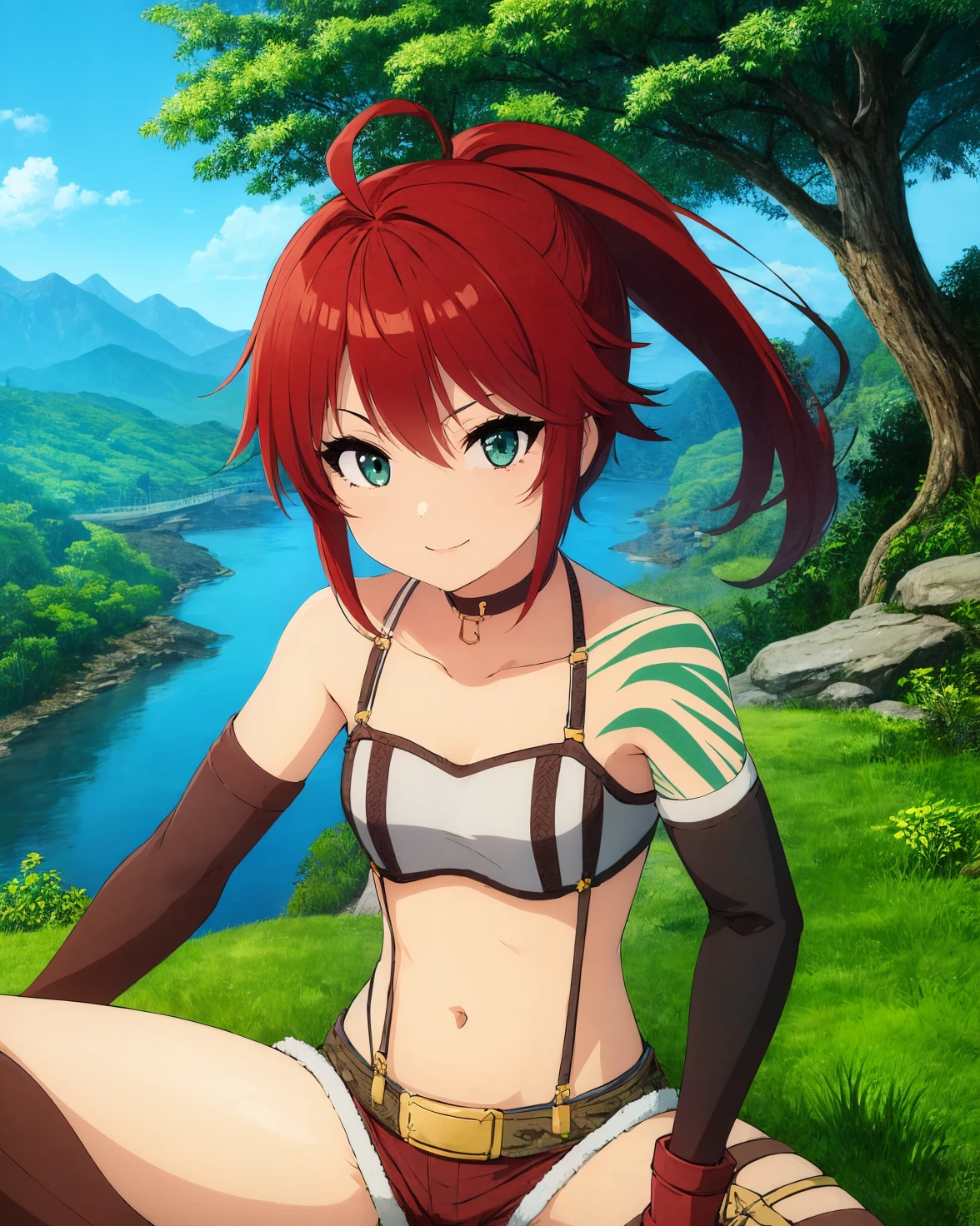 (best quality, masterpiece:1.2), illustration, absurdres, <lora:animemix_16:0.7>, <lora:clearcolor_v1.7_lbw:0.4>, <lora:boldline:-1>,
(1girl, solo, beautiful detailed girl), (upper body, portrait),
<lora:ShirleyAzure:1>, Shirley Orlando, red hair, ahoge, ponytail, aqua eyes, small breasts, green tattoo,
bandeau, choker, suspenders, short shorts, belt, gloves, thigh strap, boots, red footwear,
looking at viewer, proud, confident, smile,
grassy mountains, trees, chinese architecture, river, plants,
sitting, spread legs,