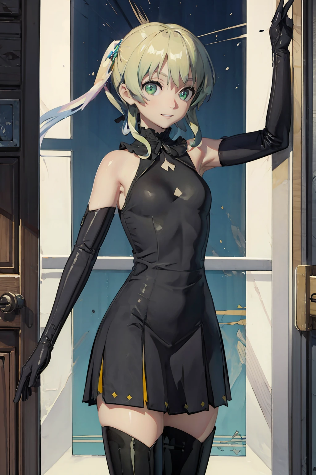 1girl,solo,full body,looking at viewer,(black dress:1.1),<lora:test1:0.8>,neck ribbon,elbow gloves,black black gloves,black thighhighs,(smile:1.2),panorama,cowboy_shot,green eyes,short hair,yellow hair,, masterpiece,best quality,highres,ultra high res,(abstract art:1.2),2d,(highlydetailed),(colorful),(intenseexpression),(fashionable),