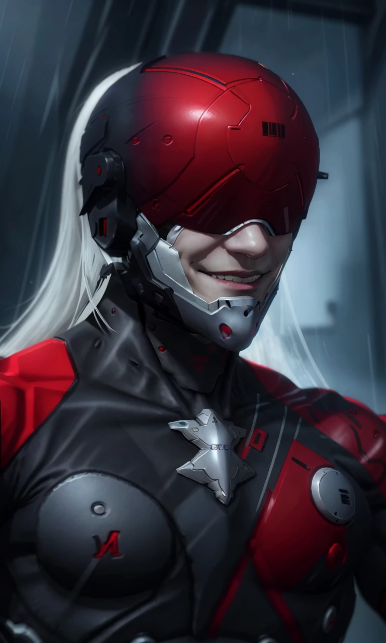 msoonmgr2024, evil smile, 1male, white hair, 8k, uhd, best quality, masterpiece, intricate, photorealistic, raw image, cyber ninja, helmet, black and red suit, sai sword, tactical suit, armor, trending on artstation, cybernetic, dramatic lighting, robotic