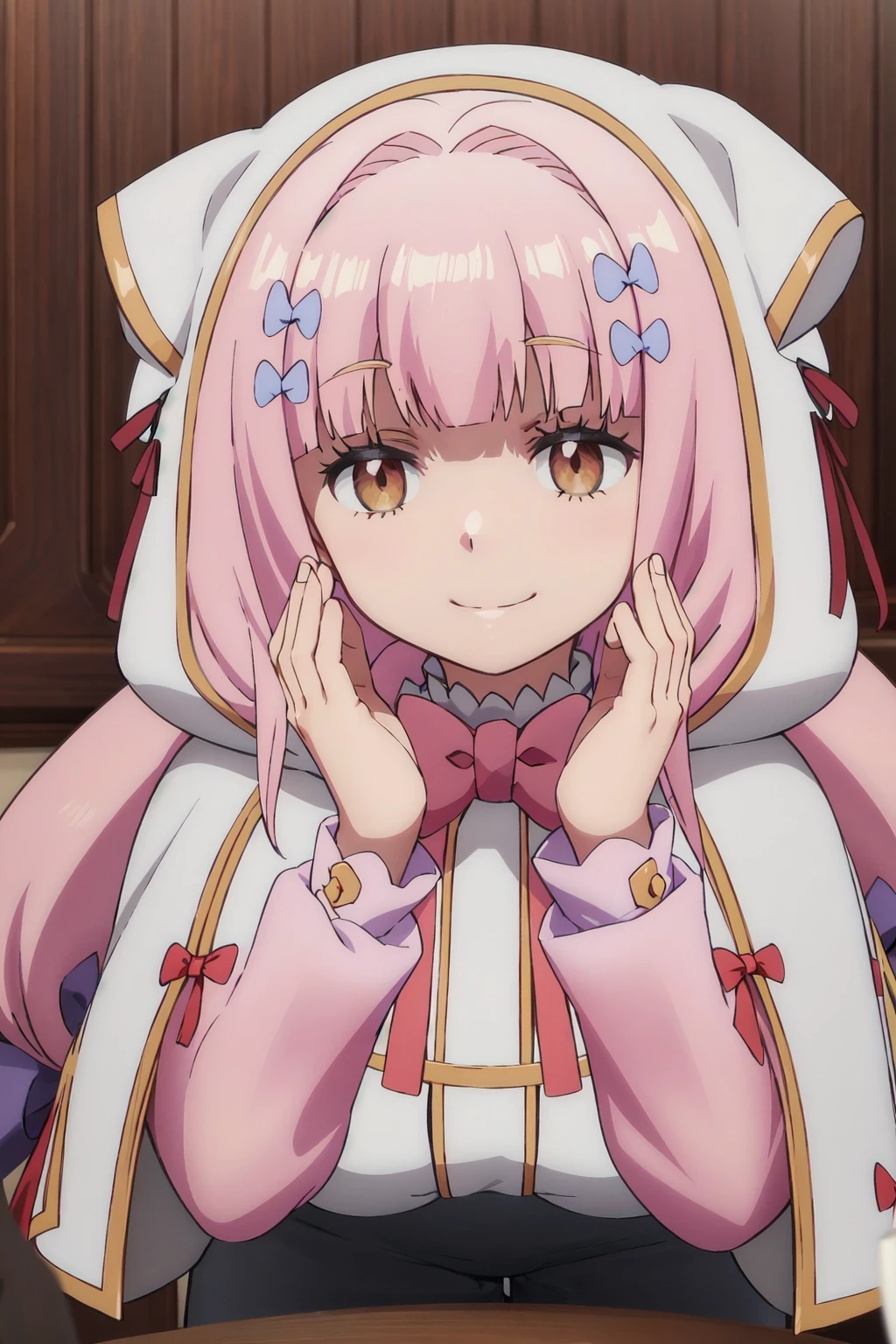 <lora:ikenaimama:1>,ikenaimama,dress,capelet,hood,evil smile,portrait,looking_at_viewer,hands_on_own_cheeks,