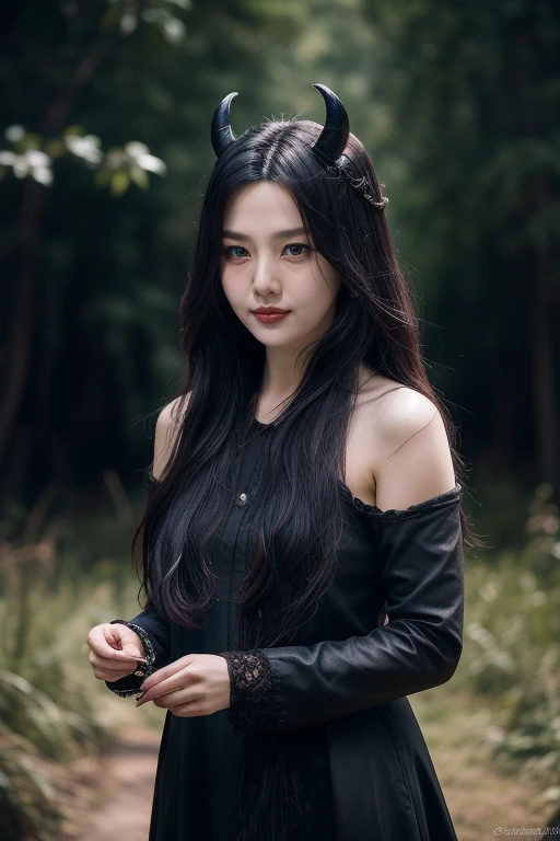 unparalleled 8K UHD professional photograph that stands as a testament to the zenith of artistic vision, set against the backdrop of a spellbinding fantasy realm. At the heart of this realm is a 19-year-old girl, a figure of sublime beauty with cascading soft black hair that glimmers like strands of starlight. Her presence is a harmonious contradiction: while her visage radiates innocence, her amazingly elegantly arched black devil horns unveil her true identity as a bona fide real demon. These devil horns, majestic yet menacing, are a perfect embodiment of her dual nature, blending seamlessly with her enchanting allure. Her pale hands, captured in exquisite detail, are not just visually striking but are also imbued with the narrative of her demonic heritage, each line and curve a whisper of her ancient lineage. By her side stands a majestic, enigmatic giant crow, a noble companion whose presence complements her own formidable essence. Their bond transcends the ordinary, radiating a joy that is both pure and deeply rooted in their shared mystical bond. The scene is bathed in a resplendent natural light that not only illuminates but also enhances the surreal elements of this otherworldly setting. The light weaves through her hair, dances around her horns, and casts a noble glow on her scary giant crow companion, against a backdrop that is vibrant and dreamlike. This composition is a masterful interplay of light and shadow, adding depth and dimension, and rendering every texture so vivid that it feels tangible. This photograph is more than a visual feast; it's an immersive experience. The viewer is not merely observing but is drawn into a world where the line between reality and fantasy blurs, touched by the beauty, mystery, and intrinsic joy of this demon girl and her mythical crow. It's a portrayal that transcends the medium, capturing the essence of their otherworldly existence in a moment frozen in time.