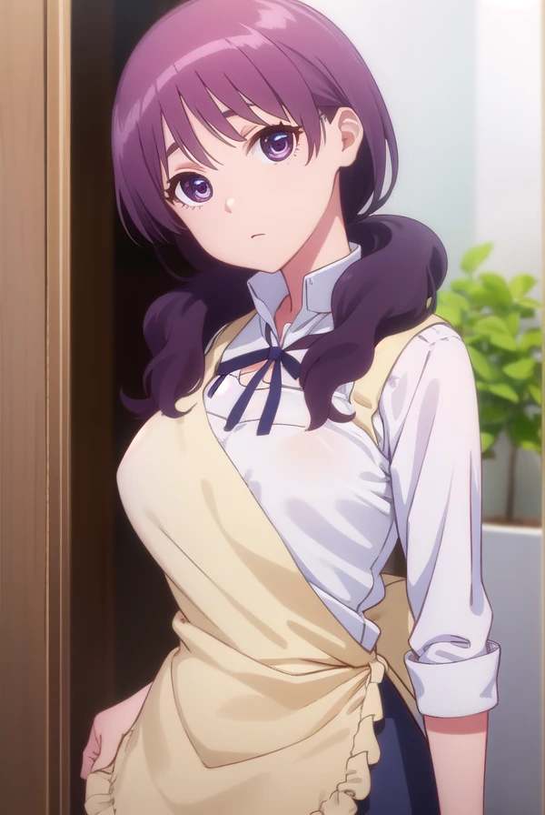 shihokamakura, <lora:shiho kamakura s1-lora-nochekaiser:1>,
shiho kamakura, long hair, twintails, purple hair, (purple eyes:1.1),
BREAK apron, waitress,
BREAK indoors, restaurant,
BREAK looking at viewer, (cowboy shot:1.5),
BREAK <lyco:GoodHands-beta2:1>, (masterpiece:1.2), best quality, high resolution, unity 8k wallpaper, (illustration:0.8), (beautiful detailed eyes:1.6), extremely detailed face, perfect lighting, extremely detailed CG, (perfect hands, perfect anatomy),