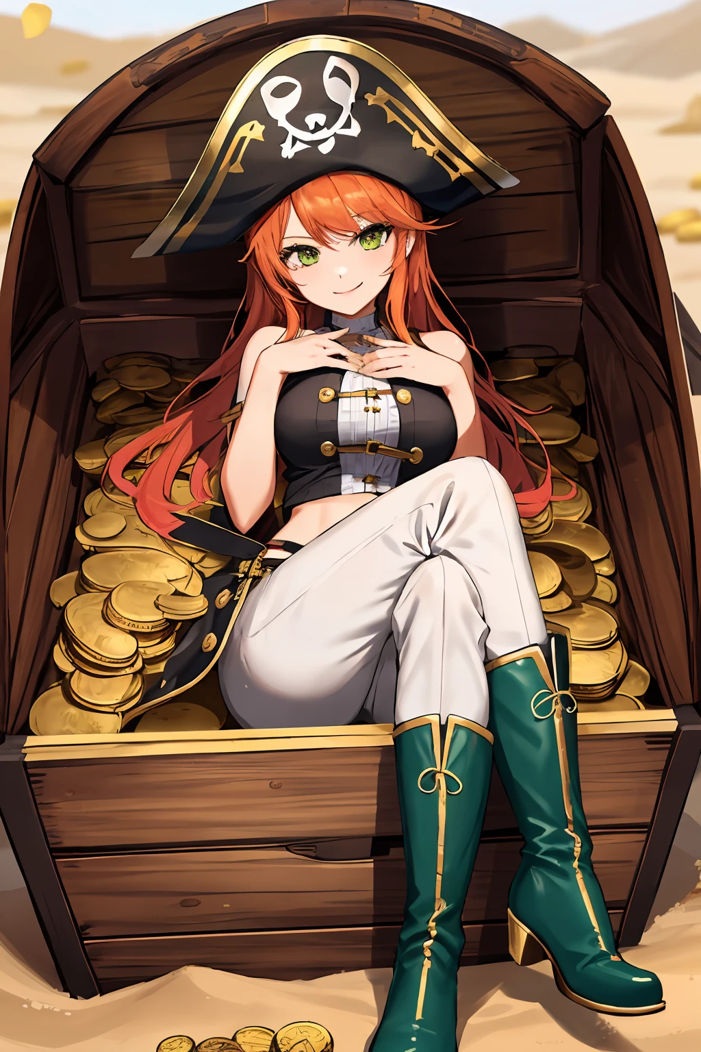 solo female, masterpiece, 1girl, smile, <lora:insidebox v1.1:0.8>, insidebox, boxrelaxed, in box, in container, inside treasure chest, treasure chest with gold, lying, pirate outfit, pirate hat, covered by gold coins, legs outside chest, smirk, orange hair, green eyes, long boots,( pants:1.2), crossed legs,on sand