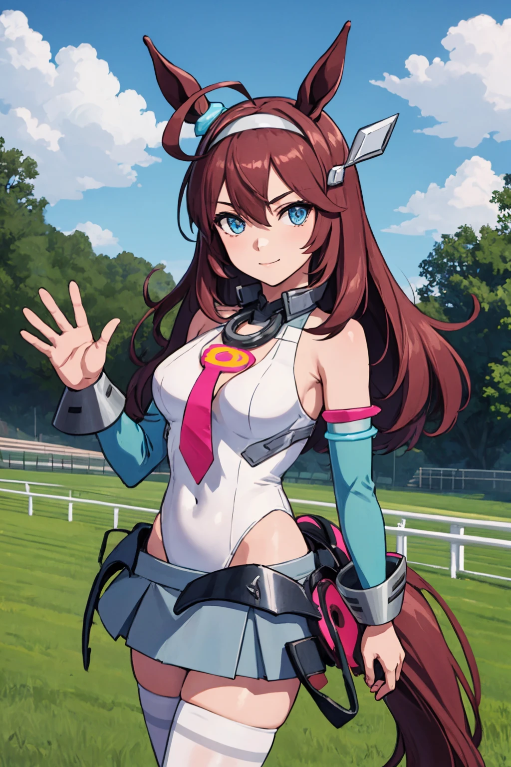 (masterpiece, best quality:1.2), solo, 1girl, mihonobourbon, slight smile, looking at viewer, waving, ahoge, hairband, horse ears, white leotard, necktie, detached sleeves, miniskirt, white thighhighs, horse tail, outdoors <lora:umamusume_mihonobourbon-10:1>