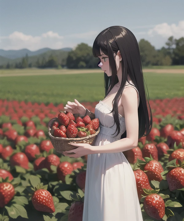solo,Goth dress girl picking strawberries in a strawberry field