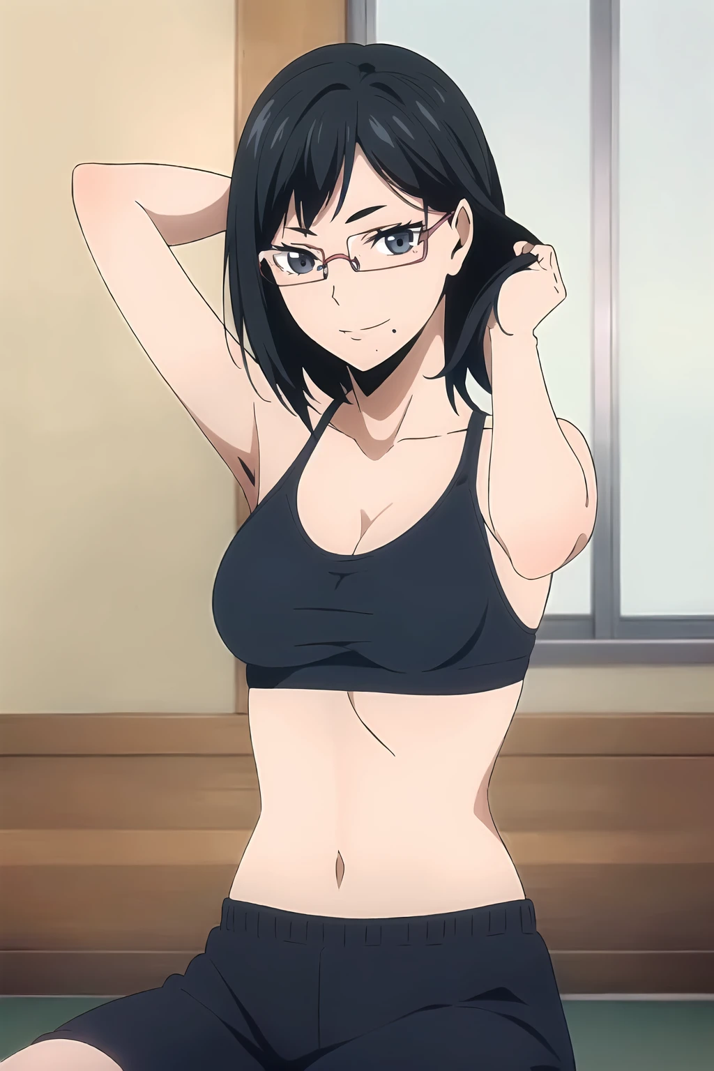 ((best quality)),((highly detailed)),masterpiece,absurdres,detailed face,beautiful face,(detailed eyes, deep eyes),(1girl),((dynamic pose)), <lora:KiyokoV1:0.5>,Kiyoko, 1girl, solo, black hair, grey eyes, short hair, sitting, sports bra, cleavage, breasts, short shorts, knee high socks, mole, mole under mouth, upper body, rimless eyewear, closed mouth, looking away, indoors, looking to the side, bangs, semi-rimless eyewear, high collar, seductive grin, seductive look, looking at viewer, adjusting hair, fixing hair, mole under eye, standing, seductive pose
