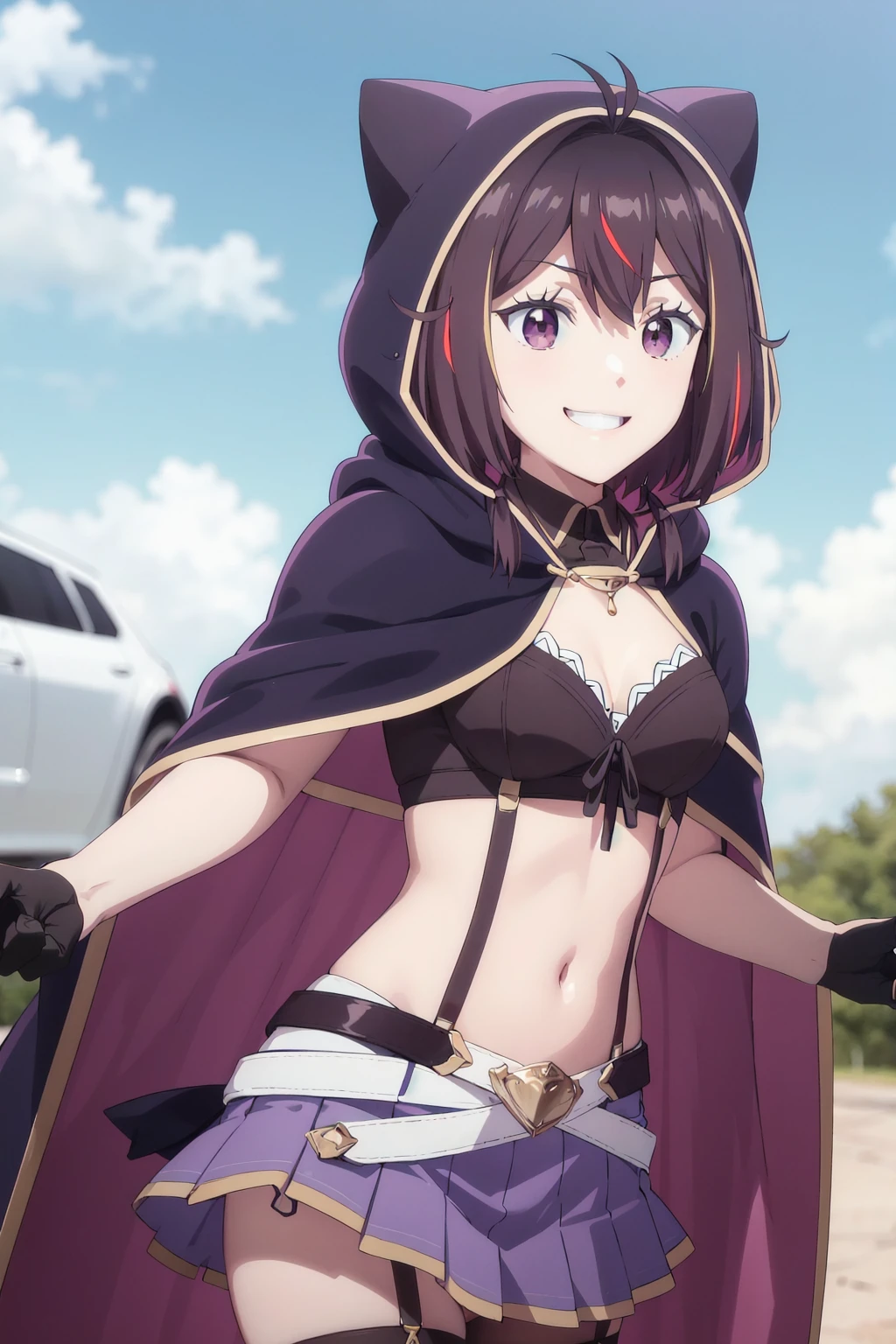 <lora:ikenaiEluca:1>,ikenaieluca,cape,hood up,underwear,skirt,suspenders,thighhighs,belt,gloves,evil smile,1girl,solo,