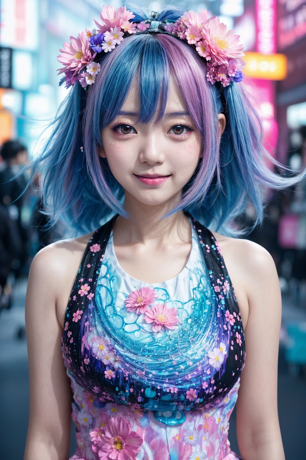 A happy anime girl, upper body, ambient light, Harajuku fashion, flowers, fusion of fluid abstract art, glitch, fusion of limited color, geometric art style of Hannah Yata