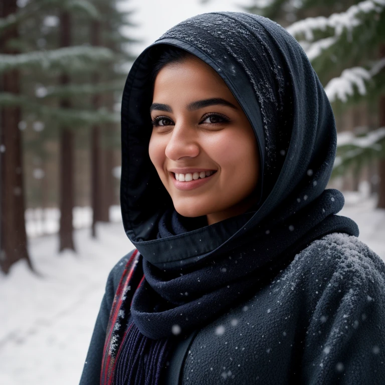 cinematic film still A young Arabic a beautiful  a smiling woman wearing a colored hooded scarf is standing in the snow. eyes detailed , volumetric light, . shallow depth of field, vignette, highly detailed, high budget, bokeh, cinemascope, moody, epic, gorgeous, film grain, grainy