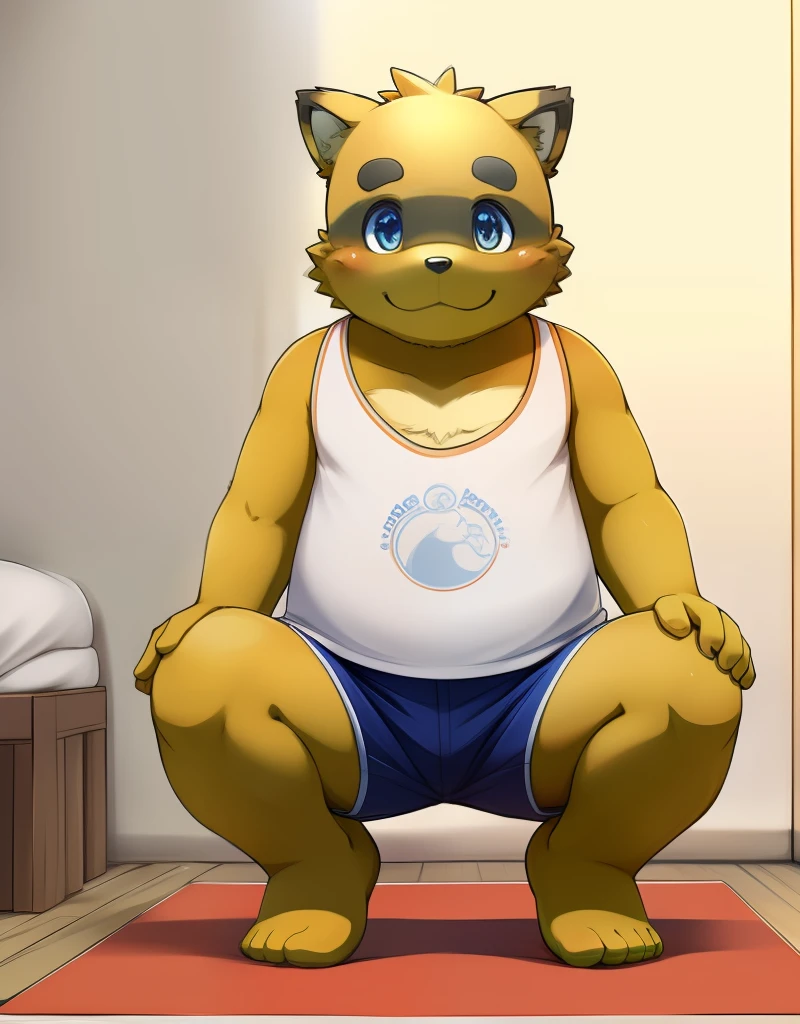 (((detailed eyes, detailed face))), (furry, yukiharu <lora:character_yukiharu_findigo_v1:0.9>, white belly, white chest), male, (solo), (plump, fat, chubby, overweight), (white tank top, print shirt, blue shorts), crouching, leaning forward, smile BREAK (konzaburou, ukan_muri, cute), bedroom, (flat shading, [flat color], high brightness), 8k, UHD, masterpiece, (full body)