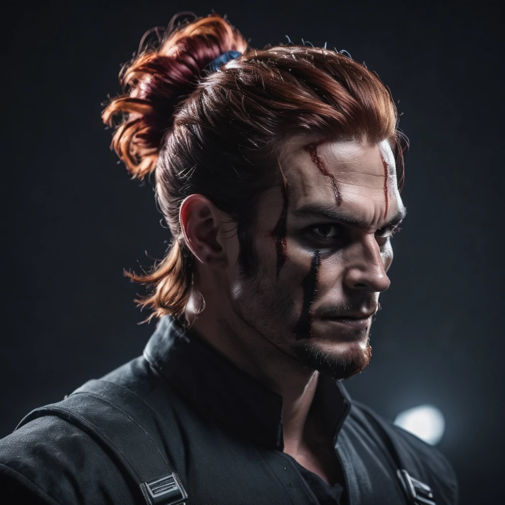 photograph, cinematic color grading, solo character portrait, man, hair: auburn hair, Man Bun, nationality: American, ghoul, dark background<lora:EnvyCharacterPortraitHelperXL01:1.0>