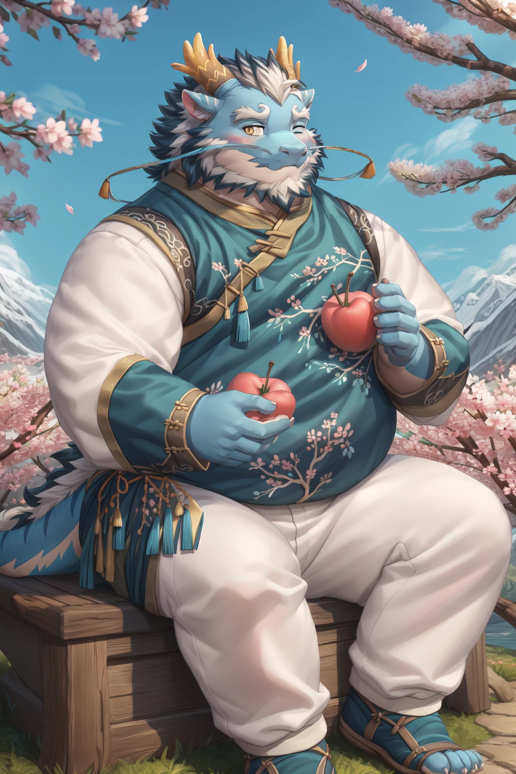 <lora:qinglong-09:0.9>, qinglongtas, musclegut, orange eyes, blue fur, tail, (pose:1.3), (posing:1.3), (soft shading), 4k, hi res, ((detailed face, (detailed eyes:1.0), detailed)), (full body), by zackarry911, by zaush, (by personalami:0.5), blush, 1boy, holding, sitting, full body, closed eyes, male focus, food, pants, fruit, chinese clothes, eating, holding food, white pants, holding fruit, fat, tan fur, cherry blossom,