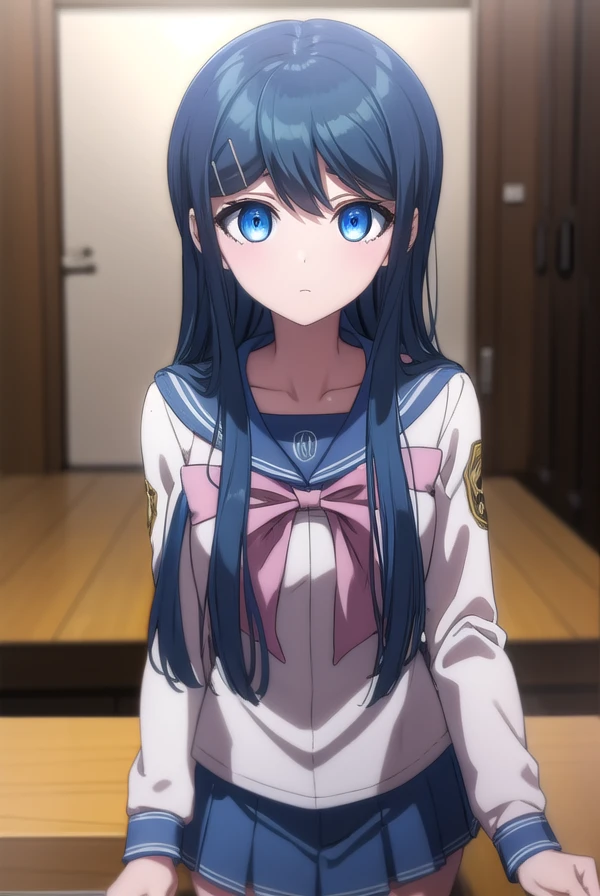 sayakamaizono, <lora:sayaka maizono s1-lora-nochekaiser:1>,
sayaka maizono, long hair, bangs, blue eyes, hair ornament, blue hair, hairclip,
BREAK long sleeves, bow, school uniform, collarbone, serafuku, bowtie, sailor collar, pink bow,
BREAK indoors, classroom,
BREAK looking at viewer, (cowboy shot:1.5),
BREAK <lyco:GoodHands-beta2:1>, (masterpiece:1.2), best quality, high resolution, unity 8k wallpaper, (illustration:0.8), (beautiful detailed eyes:1.6), extremely detailed face, perfect lighting, extremely detailed CG, (perfect hands, perfect anatomy),