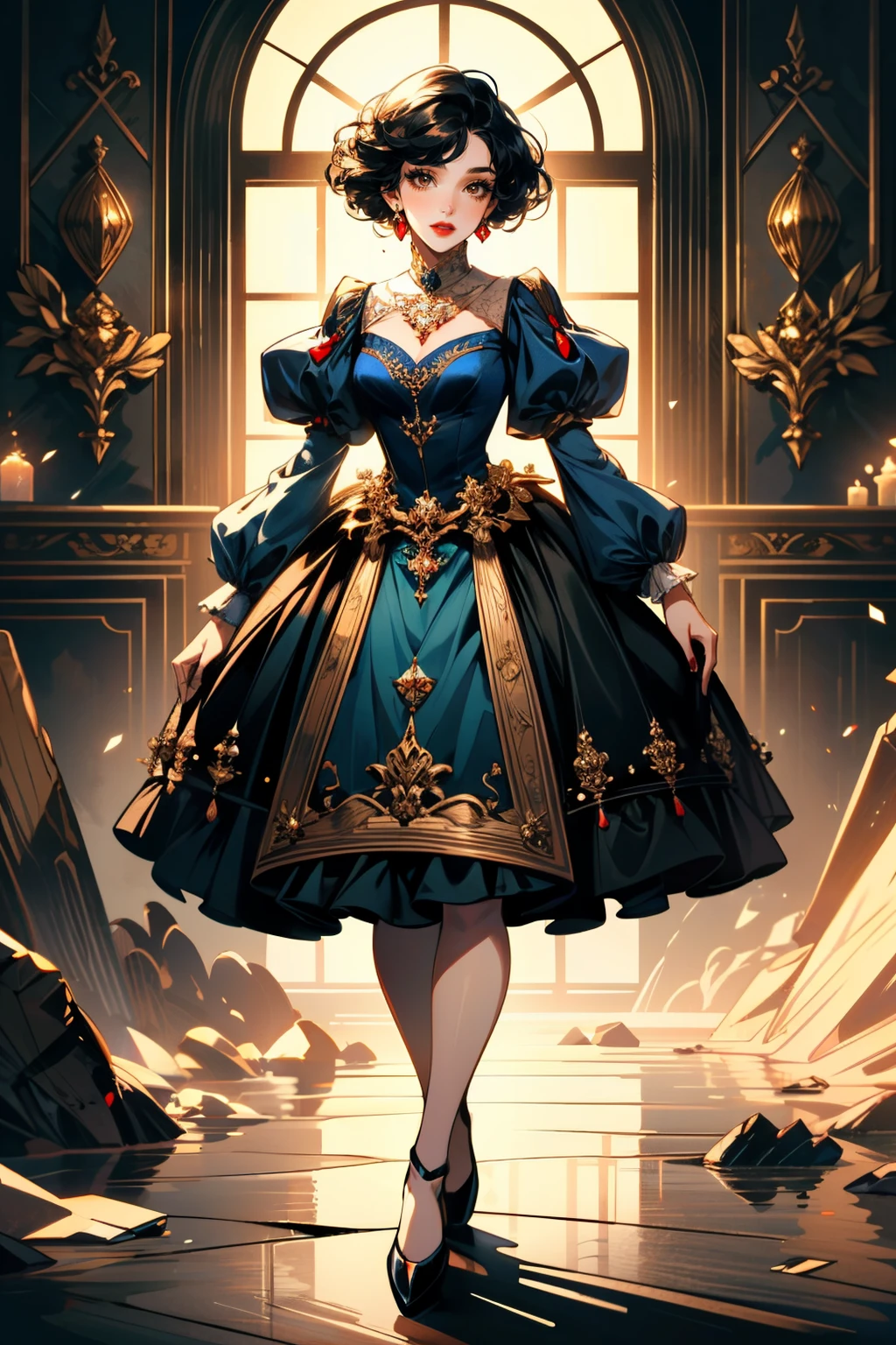 ((ultra detailed, masterpiece, best quality))
<lora:DisneySnowWhite:0.9>
DisneySnowWhite, 1girl, solo, black hair, short hair, brown eyes, red lips, dress, full body, glass shards, diamonds