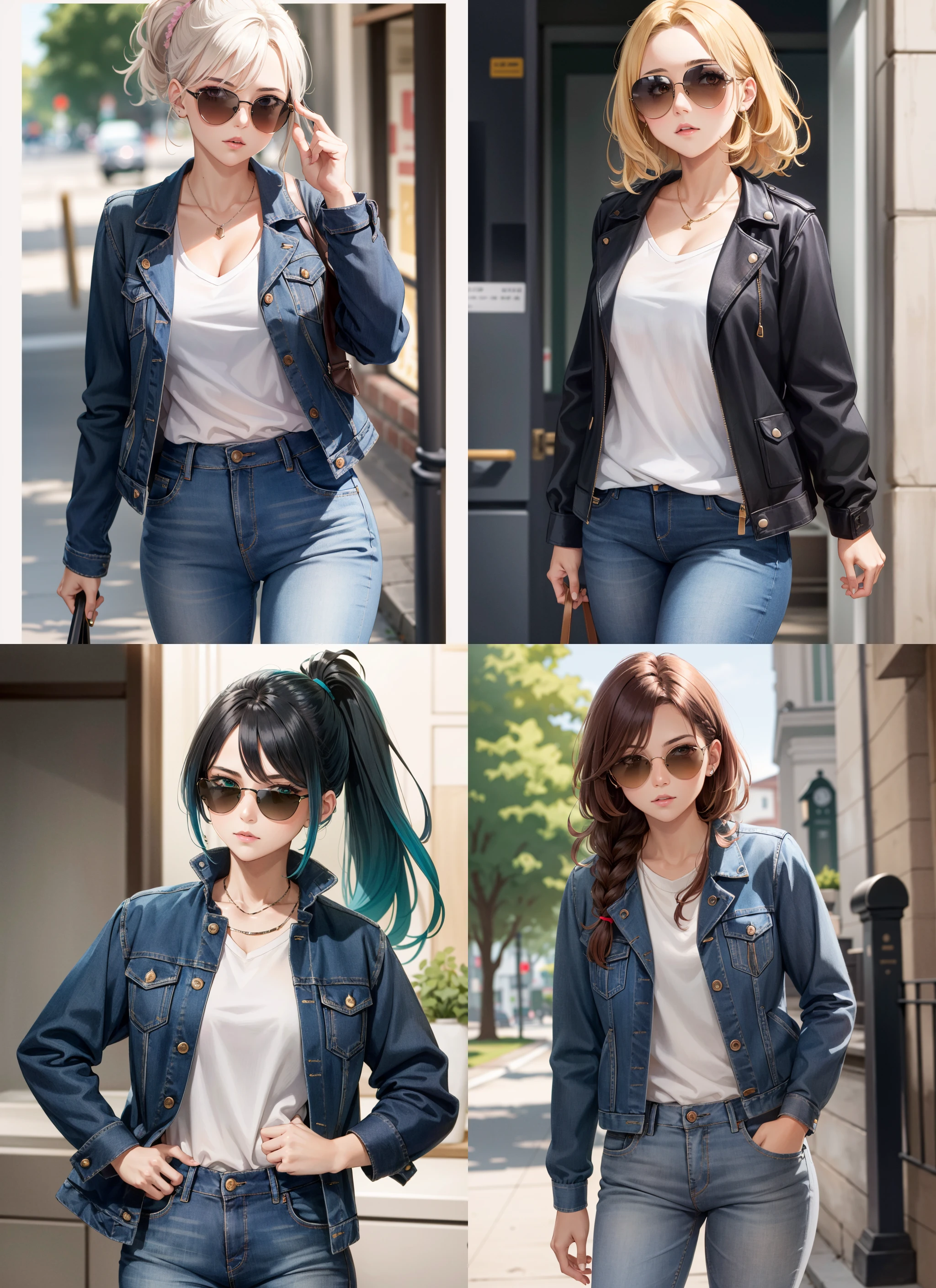 1girl, woman, jacket, jeans, sunglasses, __eye color__ eyes, __hair style__ hair, __hair color__ hair