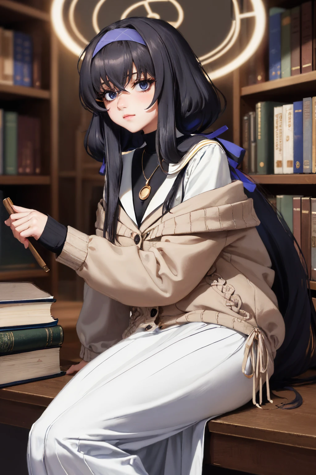 (masterpiece, best quality:1.2), solo, 1girl, ui kozeki, shy, looking at viewer, spoken question mark, holding book, low twintails, hairband, halo, bags under eyes, school uniform, cardigan, off shoulder, long sleeves, serafuku, long skirt, white skirt, necklace, library <lora:ba_kozekiui:1>