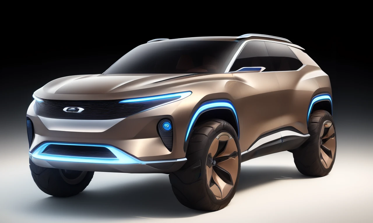1 car ,year 2030,suv,front 45 degree view, ev, future,tech , (bright background:1.4), concept,car design,((brown carpaint)), masterpiece,4k,high quality,highly detailed,ultra realistic