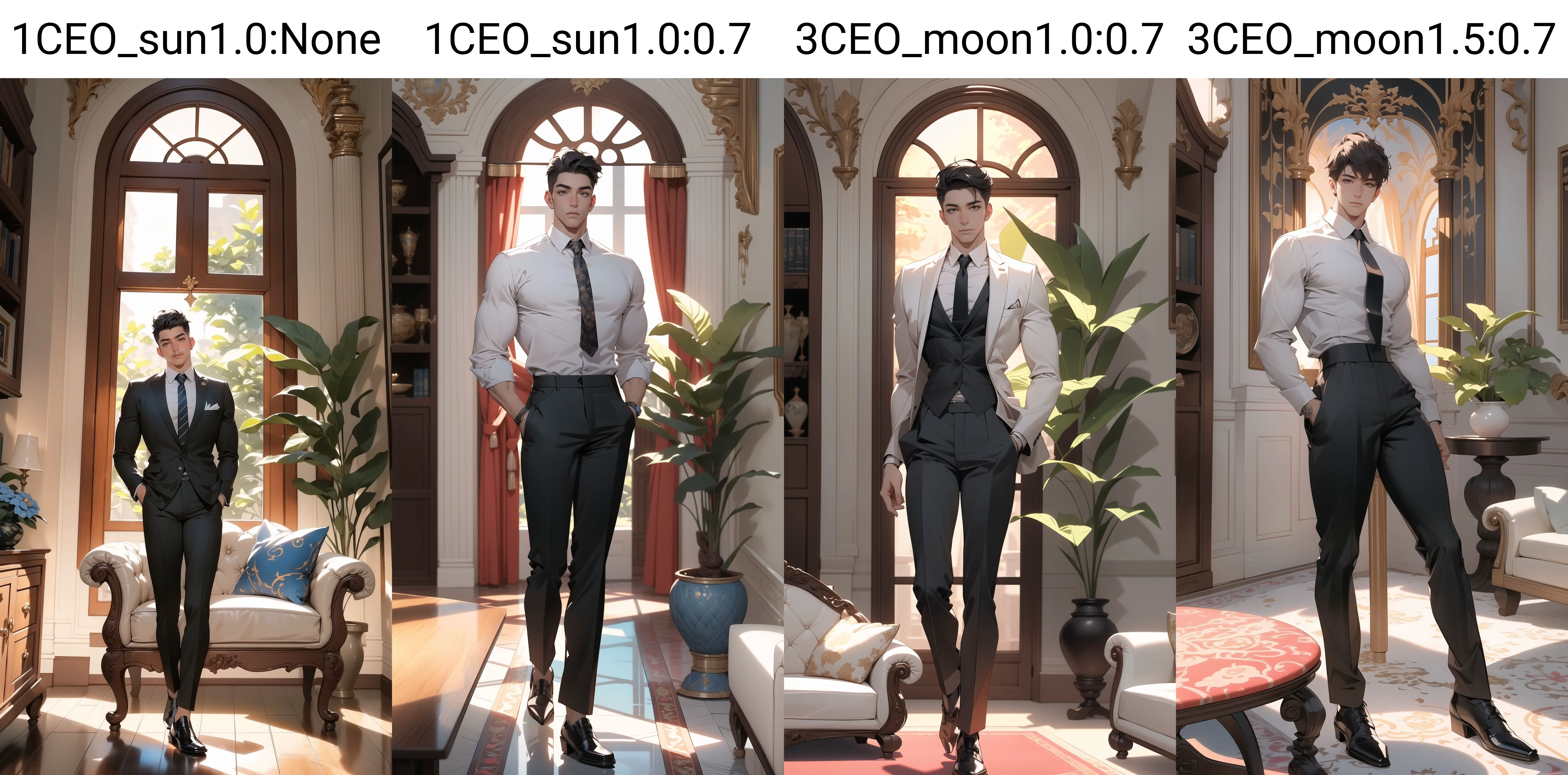 (masterpiece:1.2), (best quality:1.2), (extremely detailed:1.2), (photorealistic:1.2),(illustration:1.2),(beautiful and aesthetic:1.3),beautiful scenery,(Masterfully crafted Glow,lens flare),
(realistic:1.3), (extremely intricate:1.2), (photorealistic:1.4), (extremely delicate), (ultra realistic:1.3),(hyperrealistic 3d render), hyperrealistic photography, extremely detailed CG unity 8k wallpaper, HDR, RAW photo, dslr,
ceo,1male,mature male,solo,male focus,(full body:1.3),standing,black hair,side-split bangs,slender eyes,low brow, square jaw,(tanned brown skin:0.9),close mouth, formal,collared shirt,necktie,open jacket,black suit,black blaze,black pants,tall muscular guy,handsome face,sharp focus, wide shot,
day,indoors, living room, (intricately detailed visible background:0.6),((caustic)), floor windows, blue sky, curtains,table, couch, building, plant,reflective floor, cloud, wooden floor, dramatic shadow,bookshelf, railing, carpet,vase, hanging pictures, potted plant,
colourful,(Cinematic masterpiece),splashes of colour,beautiful, (center focus), symmetrical,(detailed glow),(intricately detailed visible background:0.6),((caustic)),ambient occlusion,photorealistic, digital painting, artstation, illustration, concept art, smooth, modern and trendy,
<lora:1CEO_sun1.0:None>