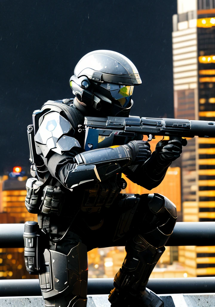 (illustration) (oil painting) an ODST wearing a helmet and holding a sniper rifle, from side, outdoors, side view, night, rain, cityscape, crouching, railing, radio antenna, skyscraper, science fiction, black armor, backpack <lora:ODST-06:0.75> <lora:LORA-XenoDetailer-v3:1> <lora:GameIconResearch_gun_Lora:0.5> Sci-fi gun