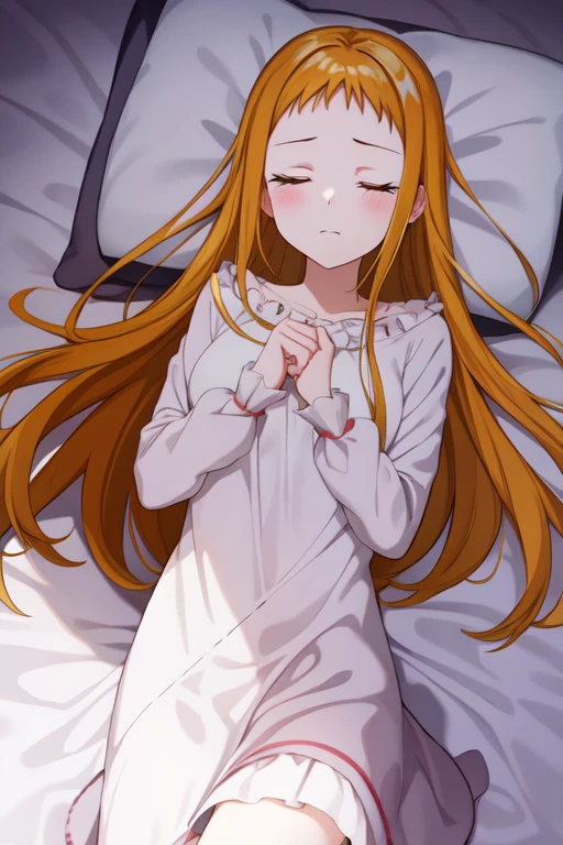 kasuganourara, hair down, very long hair, 1girl, solo, closed mouth, closed eyes, lying, on back, pillow, sleeping, anime coloring