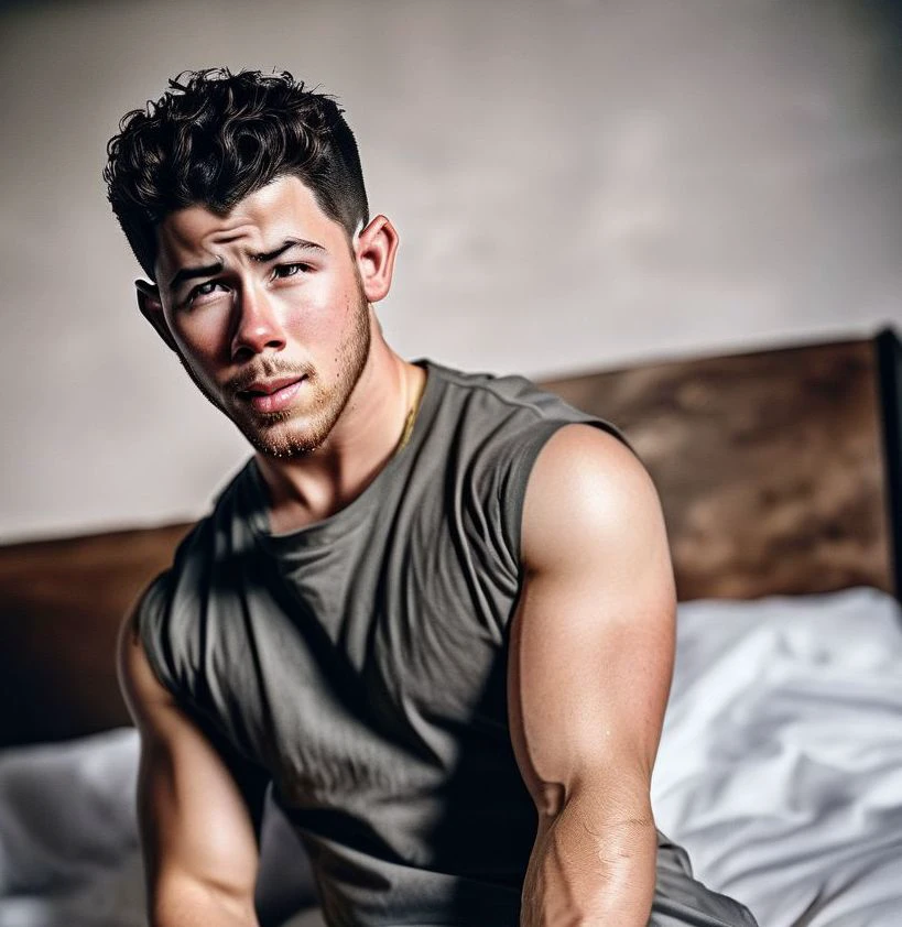 Full body photography, dark questionable hotel room, ((nick jonas a man <lora:nick-jonas:1>)), looking into camera, (natural skin, natural texture), strong expression, soft cinematic light, adobe lightroom, photolab, intricate, highly detailed, sharp focus, insane details, intricate details, hyperdetailed, low contrast, soft cinematic light, exposure blend, dim colors, dim light, Award - winning, with Kodak Portra 800, a Hasselblad 500 ,55mm f/ 1.9 lens, extreme depth of field, available light, high contrast, Ultra HD, HDR, DTM, 8K,