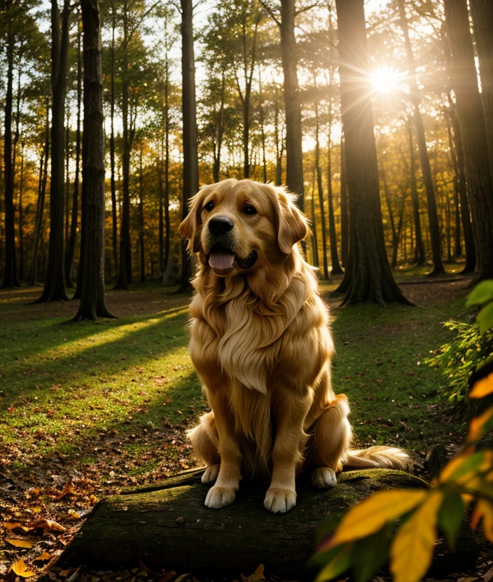 <g0ld3n>, Enchanted forest, spectacular light, upper body, Leaves, sunset