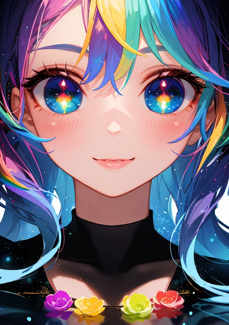half body illustration of a (beautiful girl), (cute poses), (rainbow color hair, colorful hair, long hair, galaxy reflection in eyes:1.4), (colorful background, intricate background), (cute face:1.2, kawaii face:1.2, cute smile, blushing), (best quality, high-quality, masterpiece:1.2, most detailed illustration, HD wallpaper, 4k full HD), (ecstasy of light and shadow, volumetric light and shadows:1.2, light particles, bloom:1.2), (contest winner illustration by lee jeffries)