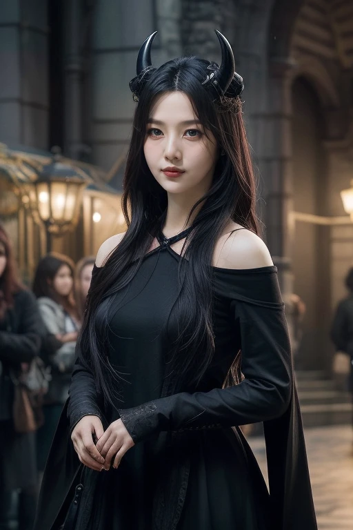 unparalleled 8K UHD professional photograph that stands as a testament to the zenith of artistic vision, set against the backdrop of a spellbinding fantasy realm. At the heart of this realm is a 19-year-old girl, a figure of sublime beauty with cascading soft black hair that glimmers like strands of starlight. Her presence is a harmonious contradiction: while her visage radiates innocence, her amazingly elegantly arched black devil horns unveil her true identity as a bona fide real demon. These devil horns, majestic yet menacing, are a perfect embodiment of her dual nature, blending seamlessly with her enchanting allure. Her pale hands, captured in exquisite detail, are not just visually striking but are also imbued with the narrative of her demonic heritage, each line and curve a whisper of her ancient lineage. By her side stands a majestic, enigmatic giant crow, a noble companion whose presence complements her own formidable essence. Their bond transcends the ordinary, radiating a joy that is both pure and deeply rooted in their shared mystical bond. The scene is bathed in a resplendent natural light that not only illuminates but also enhances the surreal elements of this otherworldly setting. The light weaves through her hair, dances around her horns, and casts a noble glow on her scary giant crow companion, against a backdrop that is vibrant and dreamlike. This composition is a masterful interplay of light and shadow, adding depth and dimension, and rendering every texture so vivid that it feels tangible. This photograph is more than a visual feast; it's an immersive experience. The viewer is not merely observing but is drawn into a world where the line between reality and fantasy blurs, touched by the beauty, mystery, and intrinsic joy of this demon girl and her mythical crow. It's a portrayal that transcends the medium, capturing the essence of their otherworldly existence in a moment frozen in time.