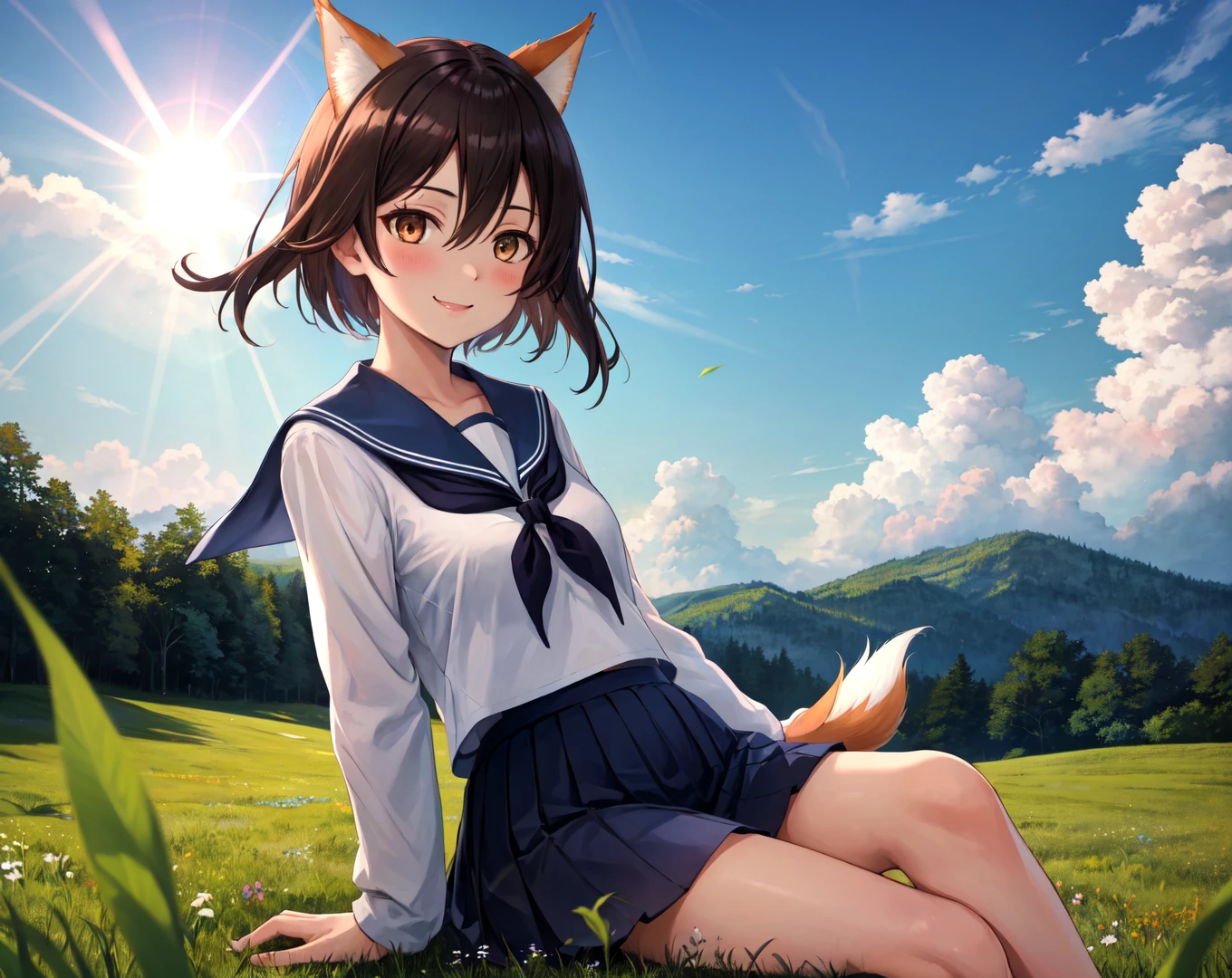masterpiece, best quality, highres,
MiyafujiYoshikaDef, 1girl, solo, blush, smile, short hair, bangs, brown hair, hair between eyes, animal ears, tail, dog ears, dog tail, dog girl, brown eyes, sailor collar, miyafuji yoshika
long sleeves, school uniform, white shirt, sailor collar, neckerchief, serafuku, blue neckerchief, black neckerchief, uniform, blue sailor collar, blue neckerchief, pleated skirt, seifuku, skirt, very long skirt, long skirt,
<lora:LoRA_Miyafuji:1>, sitting, crossed legs, looking at viewer, outdoors, grass, field, forest, sunlight, cloudy, laughing, leaning back,
