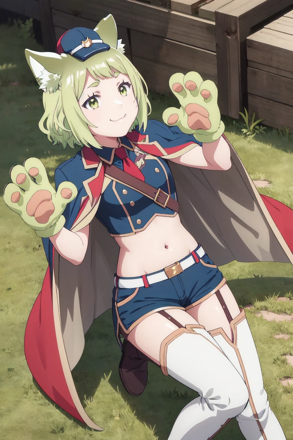 <lora:ikenaiMiaha:1>, ikenaimiaha,belt,shorts,1girl,solo,jacket,uniform,headwear,cape,animal hands,footwear,thigh boots,:3,salute,seductive_smile,