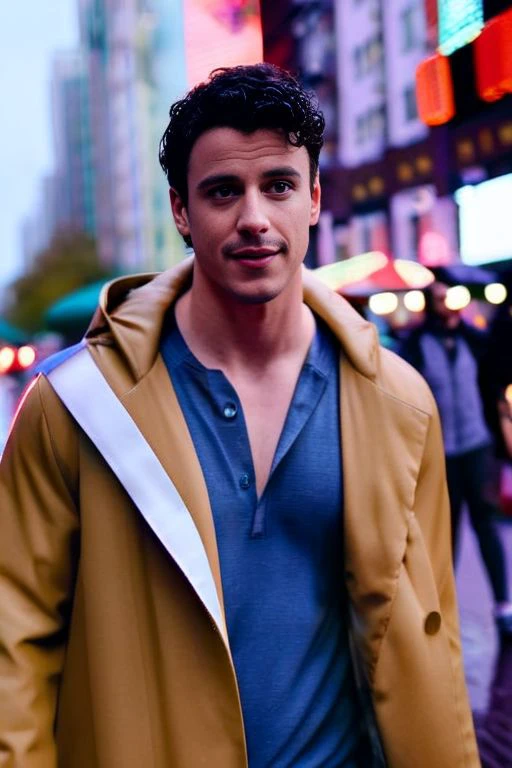 michael trevino a man <lora:Adam-Dimarco_Michael-Trevino:1>, wearing a rain coat, crop top, city street, bokeh, homoerotic, rainy day,