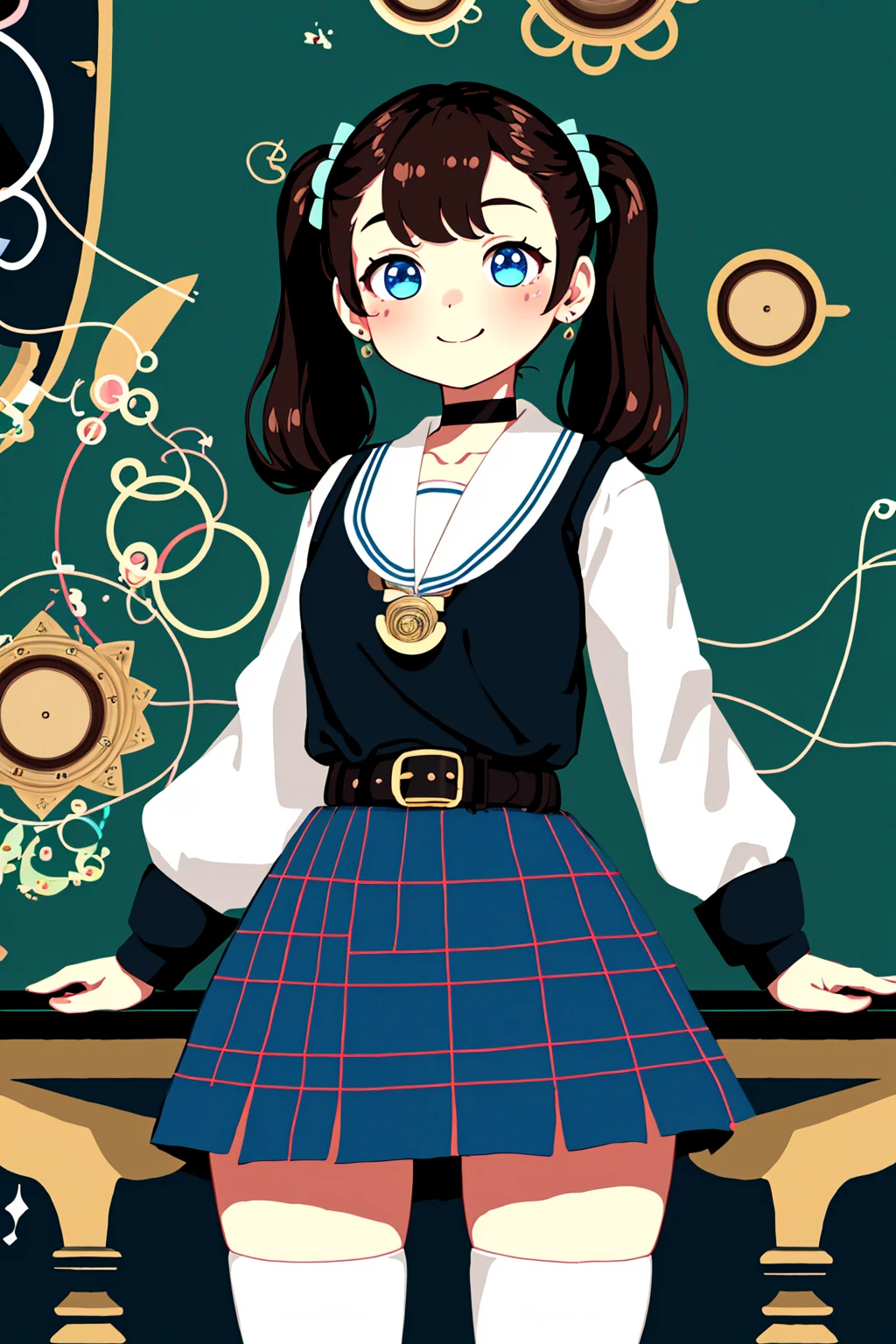 masterpiece, ultra-detailed, best quality, illustration, 8k cg wallpaper, an extremely delicate and beautiful, 1girl, solo, perfect anatomy, cute face, smiling, blushing, sparkling eyes, deep blue eyes, beautiful detailed eyes, dark brown hair, shoulder-length hair, twintails, cute hair accessories, cute earrings, cute choker, slim body, medium breasts, school uniform, perfect arms, perfect hands, perfect fingers, cute arm accessories, cute hand accessories, black belt with gold buckle, light blue plaid miniskirt, cute thigh-high stockings, perfect legs, cute, pretty, beautiful, sexy, perfect body, (background: classroom, desks, chairs, blackboard, windows, intricately detailed items in background), <lora:Hohokum:1>