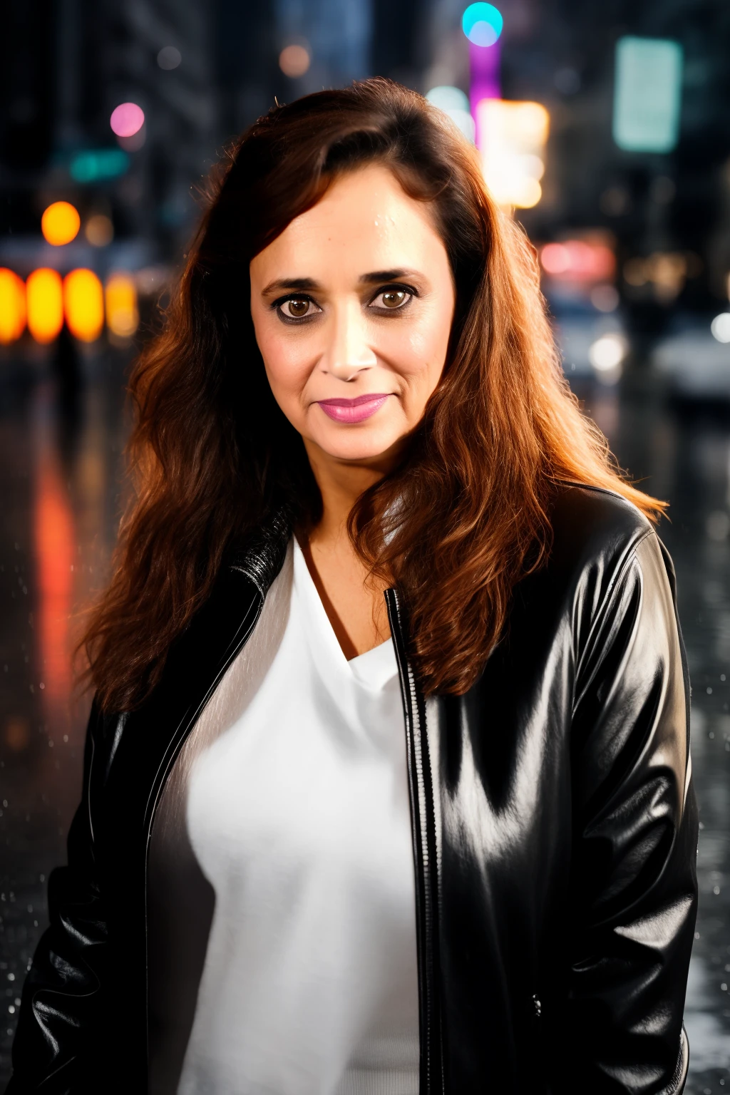 <lora:AlesiaPleasure:1> portrait of alesiapleasure in leather jacket, city street, new york,( rain:1.2), (wet hair:1.2), highly detailed, 8k