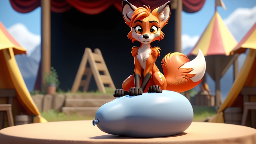 A cinematic 3D render of a cute anthro furry vixen is sitting on a balloon. One big realistic, overinflated balloon. A stage is visible in the background.