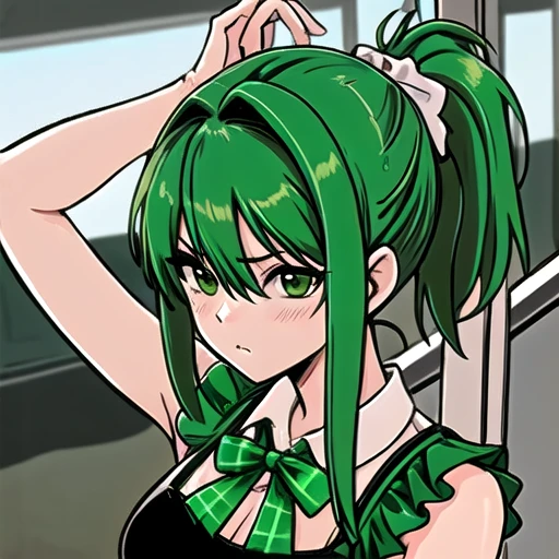 <lora:blackbunny_2024_1_5:1> green hair ponytail hair . 1gril with crinoline. full body in a train