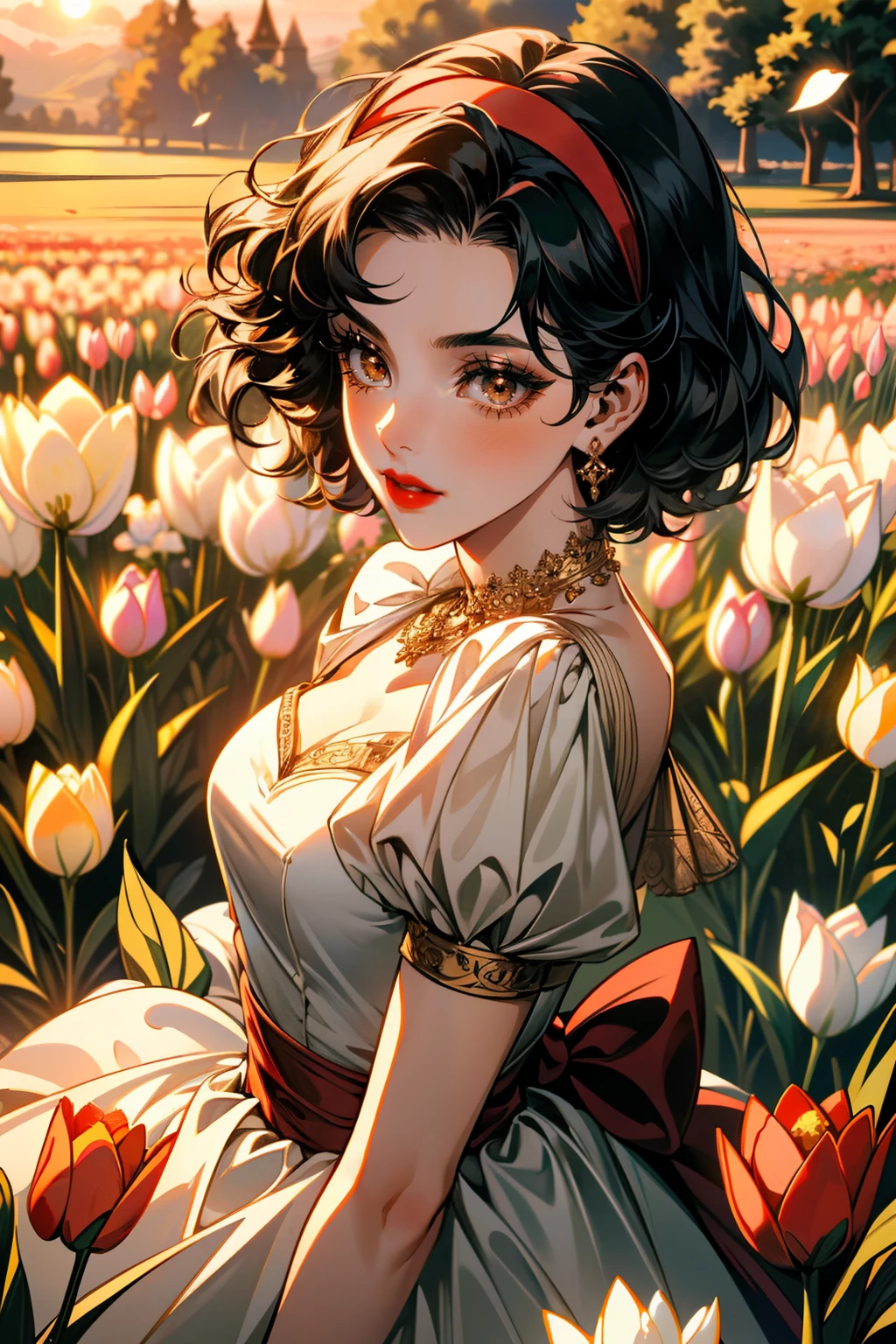 ((ultra detailed, masterpiece, best quality))
<lora:DisneySnowWhite:0.9>
DisneySnowWhite, 1girl, solo, black hair, short hair, brown eyes, red lips, dress, hairband, bow, Standing on a cliff by the sea, the sunset in the background, full body, with hands on hips