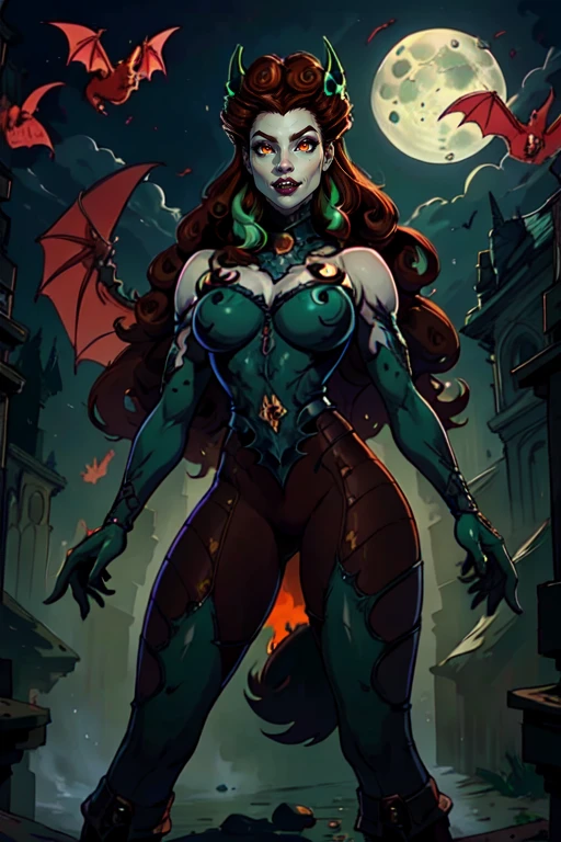 masterpiece,best quality,extreme detail,8k,image sharpness,<lora:lilith-10:0.8>, lilith2,1girl,solo,long hair,breasts,brown hair,gloves,bare shoulders,jewelry,multicolored hair,boots,green hair,pants,armor,bodysuit,night,glowing,animal,fangs,moon,full moon,magic,bat (animal),wolf,