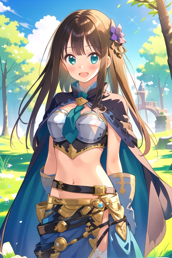 (masterpiece, best quality:1.2), blush, shy, cowboy shot, solo, 1girl, (smile:0.8), open mouth, shiburin, long hair, brown hair, hair ornament, gloves, green eyes, navel, midriff, belt, cape, breastplate, garter straps, green necktie, cute, sparkling eyes, hands behind back, outdoors, forest, medieval, fantasy, blue sky, cloudy sky, looking at viewer, <lora:shiburin_puricone_v01-07:1>