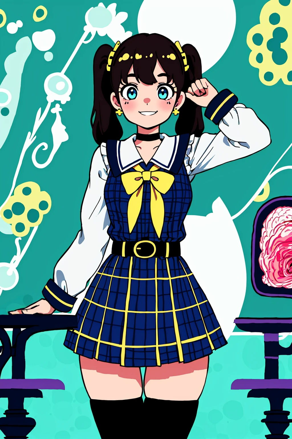 masterpiece, ultra-detailed, best quality, illustration, 8k cg wallpaper, an extremely delicate and beautiful, 1girl, solo, perfect anatomy, cute face, smiling, blushing, sparkling eyes, deep blue eyes, beautiful detailed eyes, dark brown hair, shoulder-length hair, twintails, cute hair accessories, cute earrings, cute choker, slim body, medium breasts, school uniform, perfect arms, perfect hands, perfect fingers, cute arm accessories, cute hand accessories, black belt with gold buckle, light blue plaid miniskirt, cute thigh-high stockings, perfect legs, cute, pretty, beautiful, sexy, perfect body, (background: classroom, desks, chairs, blackboard, windows, intricately detailed items in background), <lora:Hohokum:1>