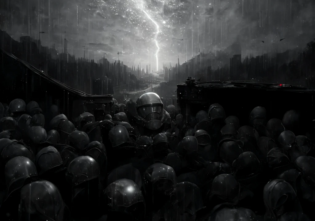 from above, ((art by Gustave Dore, graphite \(medium\), crosshatching, (illustration))) looking at viewer, group of ODST soldiers, an ODST wearing a helmet , outdoors, dramatic shading, side view, night, rain, cityscape, stepping up, radio antenna, skyscraper, building, science fiction, sniper scope, hidden face, tree, black armor, <lora:ODST-05:0.85> <lora:BetterGuns-V1:0.5> <lora:Elixir:1> <lora:StarkJourney:1>