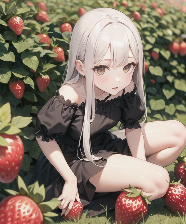 solo,Goth dress girl picking strawberries in a strawberry field