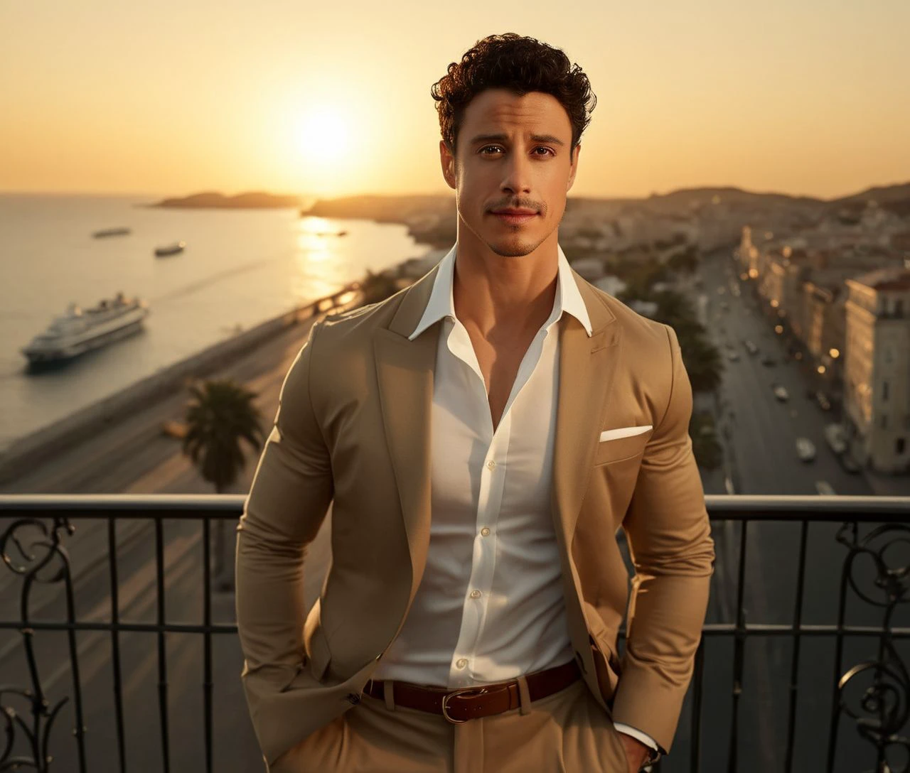 Nautical-themed (Photo:1.3) of (Ultrarealistic:1.3) <lora:Man_Men_FFashion:1> michael trevino a man <lora:Adam-Dimarco_Michael-Trevino:1> in a tan suit standing on a balcony, sun behind him, inspired by Pablo Munoz Gomez, shot at golden hour, editorial photograph, midshot of a hunky, by Roman Bezpalkiv, by Artur Tarnowski, maxim sukharev, by Gabor Szikszai,Highly Detailed,(Mono Color:1.3) . Sea, ocean, ships, maritime, beach, marine life, highly detailed